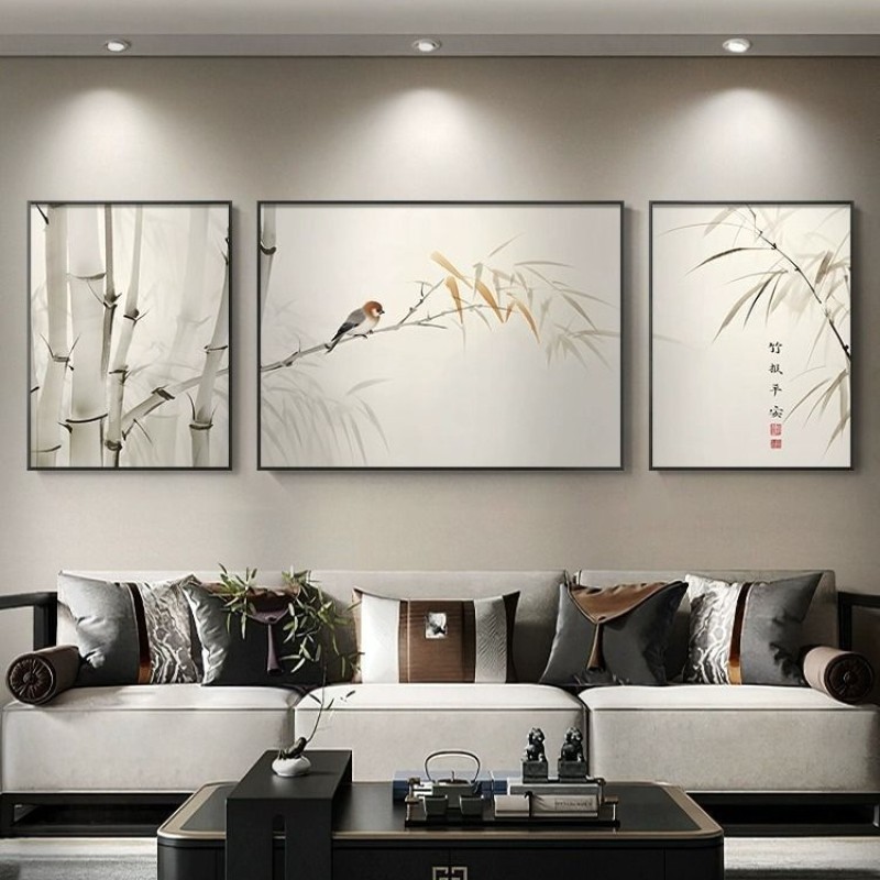 New Chinese style ink Zen triptych mural bamboo peace decorative painting